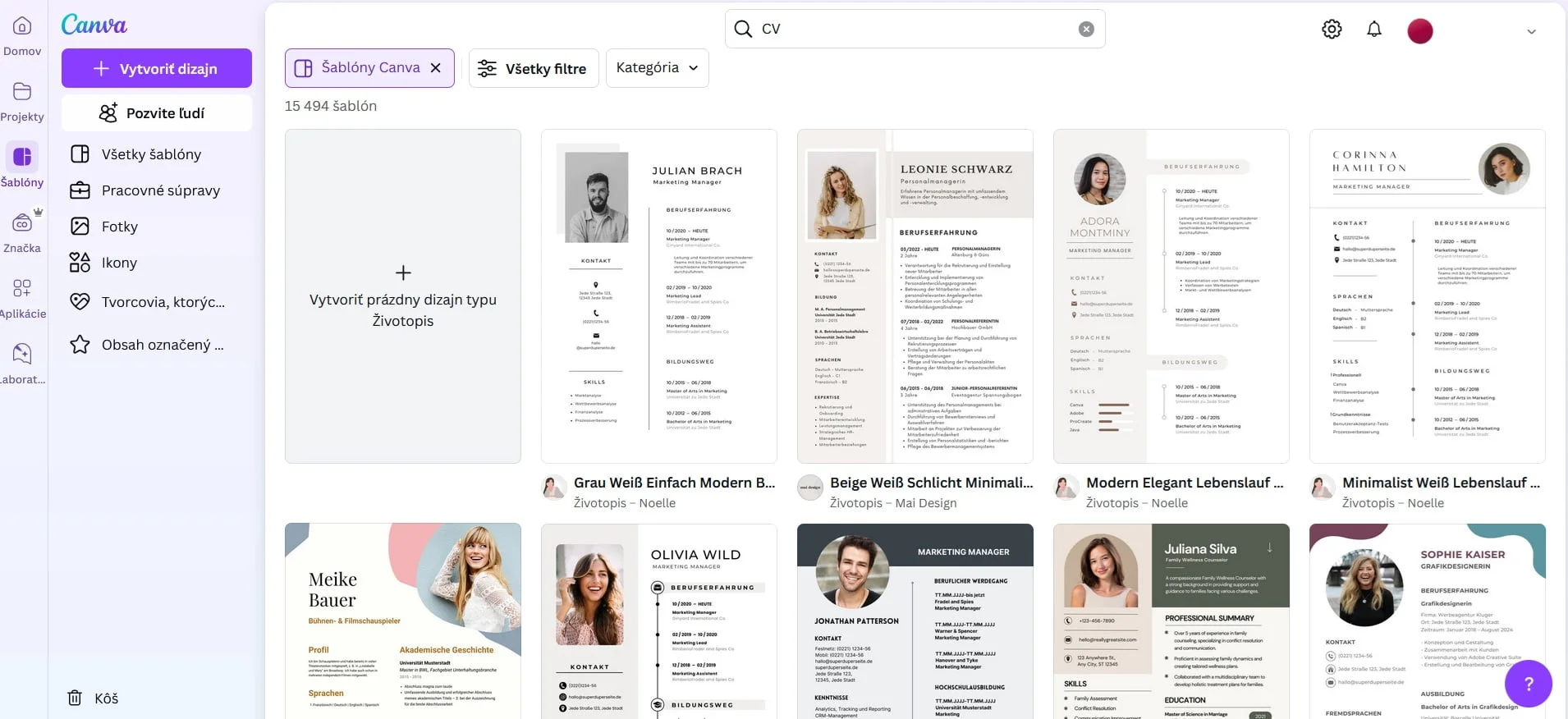 výber šablóny životopisu v Canve