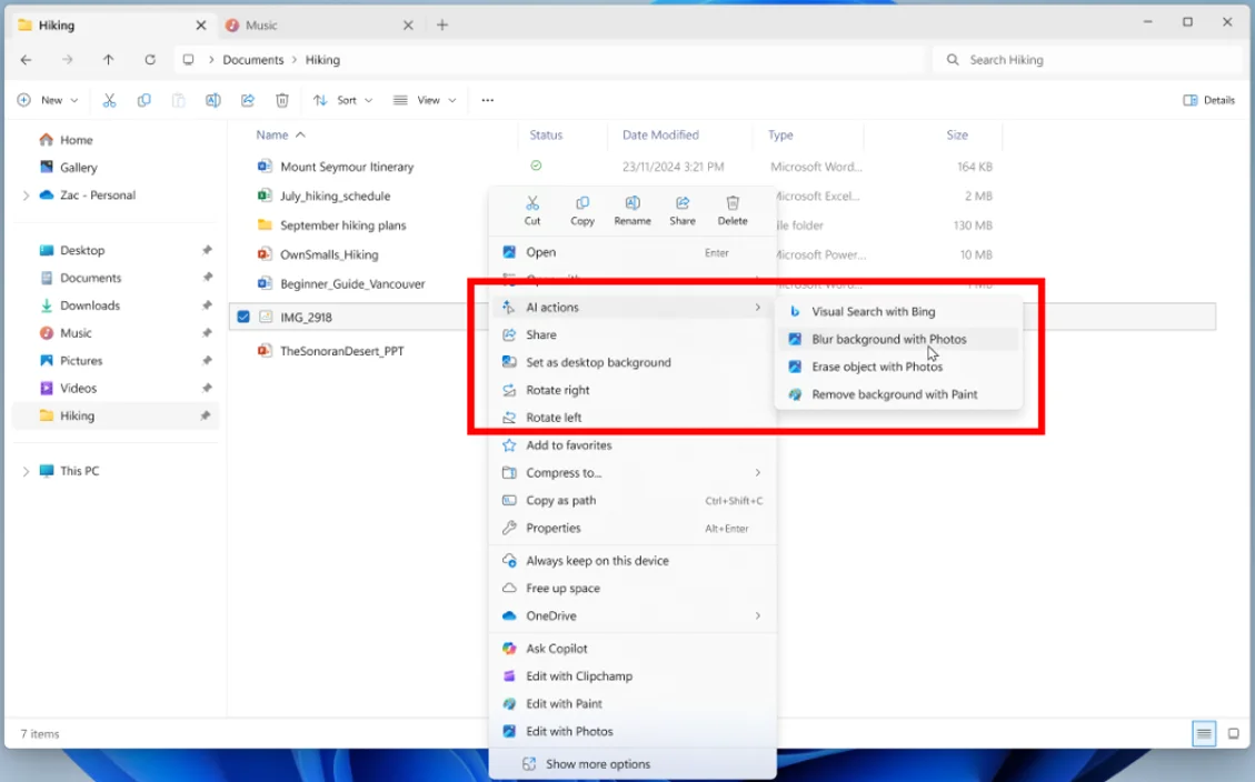 File Explorer in Windows with a new context menu with artificial intelligence